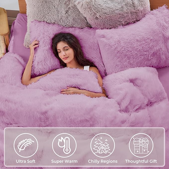 Sasttie 3-Piece Fluffy Duvet Cover Queen, Ultra Soft Faux Fur and Velvet Light Purple Comforter Cover, Luxury Fuzzy Bedding Sets for Winter Bed, Includes 1 Duvet Cover and 2 Pillowcases, No Comforter