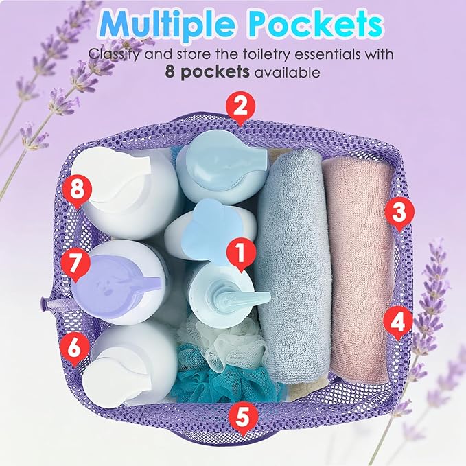 Mesh Shower Caddy Portable with Drawstring, Dorm Room Essentials for College Girls Guys, 8-Pocket Large Shower Bag Basket Tote for Camping Beach Gym Travel Toiletry Bathroom