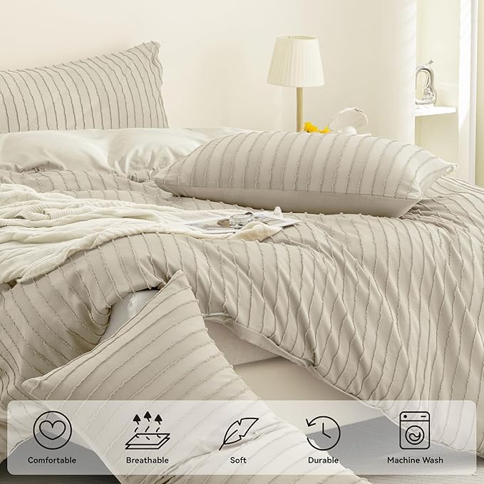 JELLYMONI Duvet Cover California King Size Light Khaki - 3PCS Boho Striped Duvet Cover Set Polyester Tufted Bohemian Textured Comforter Cover 104×98in with Corner Ties & Zipper and 2 Pillowcases