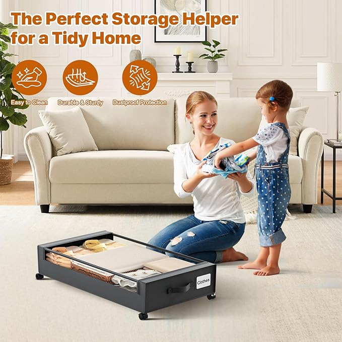 Under Bed Storage with Wheels,XXL 60L Under Bed Storage Containers with Clear Lids, Rolling Under Bed Metal Drawer for Clothes, Shoes,Toys (Black, 2 Pack)