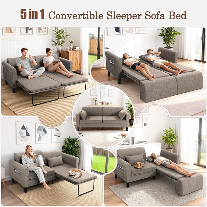 SEJOV 74" Convertible Sofa Bed, 5-in-1 Loveseat Sleeper Sofas with Pull Out Couch Bed, Storage Pockets & 2 Pillows, Modern Folding Linen Futon Couch for Living Room, Bedroom, Small Space, Brown
