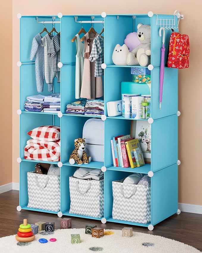 Baby Closet Organizer for Nursery - Durable Baby Wardrobe Armoire for Closet - Customizable Dresser Shelves - Waterproof Shelf Clothes Organizer w/Wall Fixation (Blue)