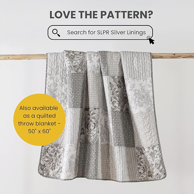 SLPR Silver Linings Cotton Quilt Set - King Size with 2 Shams, Neutral Pieced Patchwork Design, Country Silver Gray Quilted Comforter, Lightweight Summer Farmhouse Bedspread