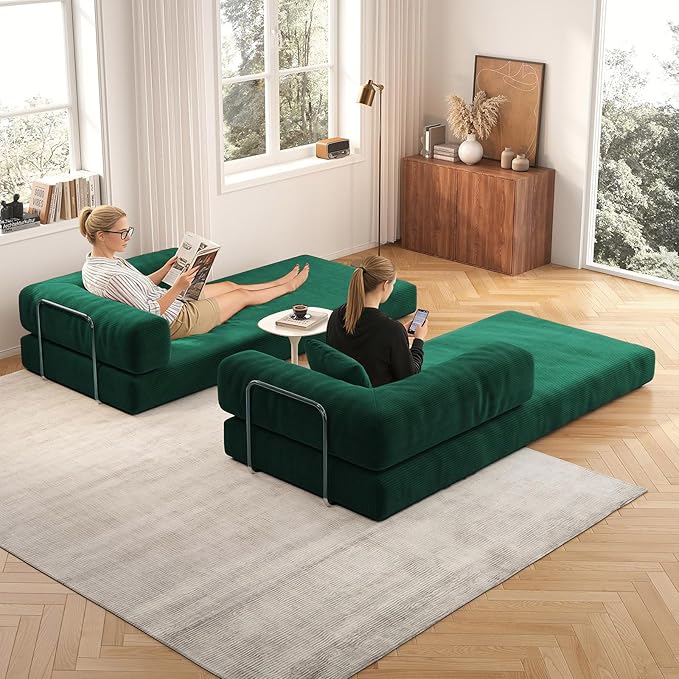 Antetek Convertible Futon Sofa Bed, 3-Seater Modern Corduroy Foam Floor King Size Bed Fold Out Sleeper Lounge Loveseat Sofa Couch with 2 Throw Pillows for Living Room Bedroom Guest Room, Turquoise