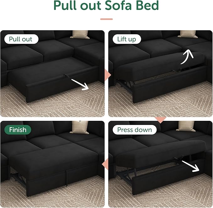 HONBAY Sleeper Sectional Couch with Pull Out Bed, Velvet Modular Sofa with Storage, U Shaped Sectional Couches for Living Room, Black