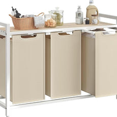 VASAGLE Laundry Hamper, Laundry Basket Sorter with 3 Pull-Out and Removable Bags, Shelf, Metal Frame, 3 x 10.6 Gallons (40 L), 36.4 x 13 x 28.4 Inches, Cappuccino Beige and Natural Beige UBLH301LH01