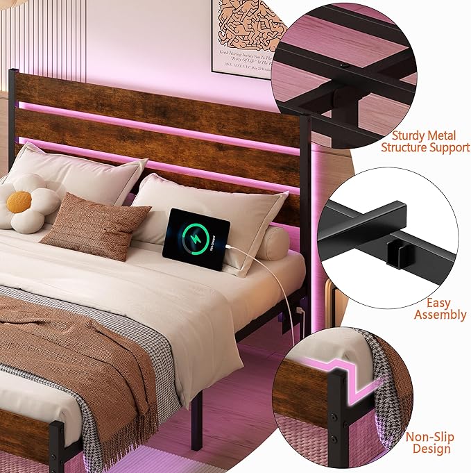Twin Bed Frame with Headboard,Heavy Duty LED Bed Frame with USB Charging Station,Mattress Foundation-Under Bed Storage, No Box Spring Needed, Noise Free,Brown