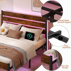 Full Size Bed Frame with Headboard,Heavy Duty LED Bed Frame with USB Charging Station,Mattress Foundation-Under Bed Storage, No Box Spring Needed, Noise Free,Brown