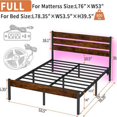 Full Size Bed Frame with Headboard,Heavy Duty LED Bed Frame with USB Charging Station,Mattress Foundation-Under Bed Storage, No Box Spring Needed, Noise Free,Brown