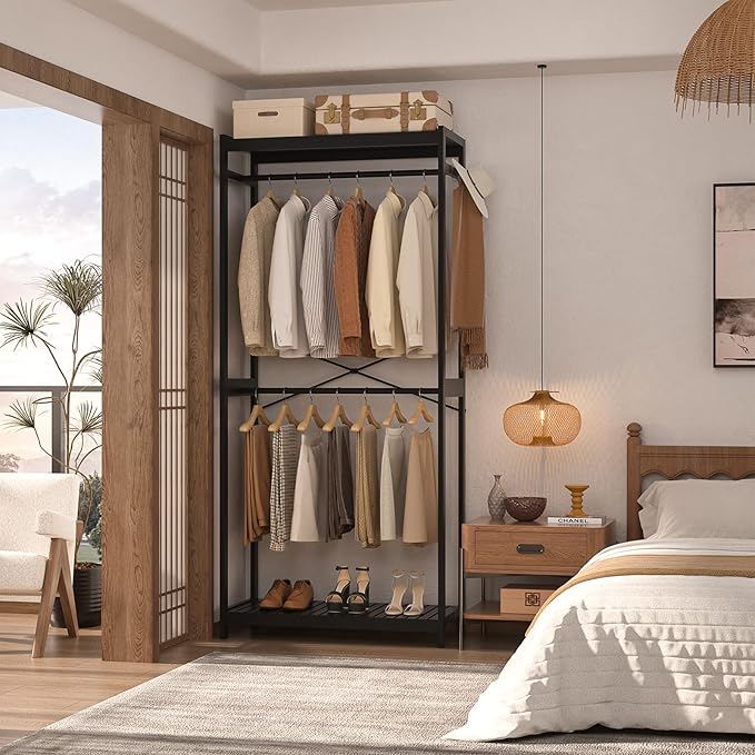 Homykic Bamboo Clothes Rack with Shelves and Double Hang Rods, Portable Closet System Garment Rack for Hanging Clothes, Tall Clothing Rack Corner Closet Organizer, Easy to Built, Freestanding, Black