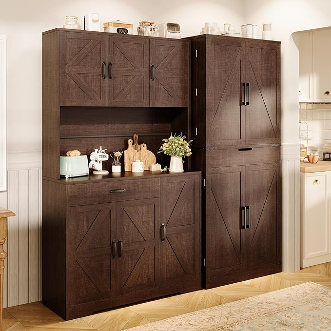 72" Tall Storage Cabinet, Kitchen Pantry Cabinet with Adjustable Shelves & Sturdy Steel Frame, Farmhouse Pantry Storage with 4 Barn Doors for Kitchen, Dining Room, and Living Room, Dark Grey