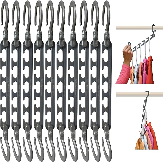 Wonder Hanger Max 10-Pack Space Saving Hangers, Reinforced Hooks Swivels 360°, Cascading Hanger, College Dorms & Storage Closet Organizer, Fully Assembled – Grey