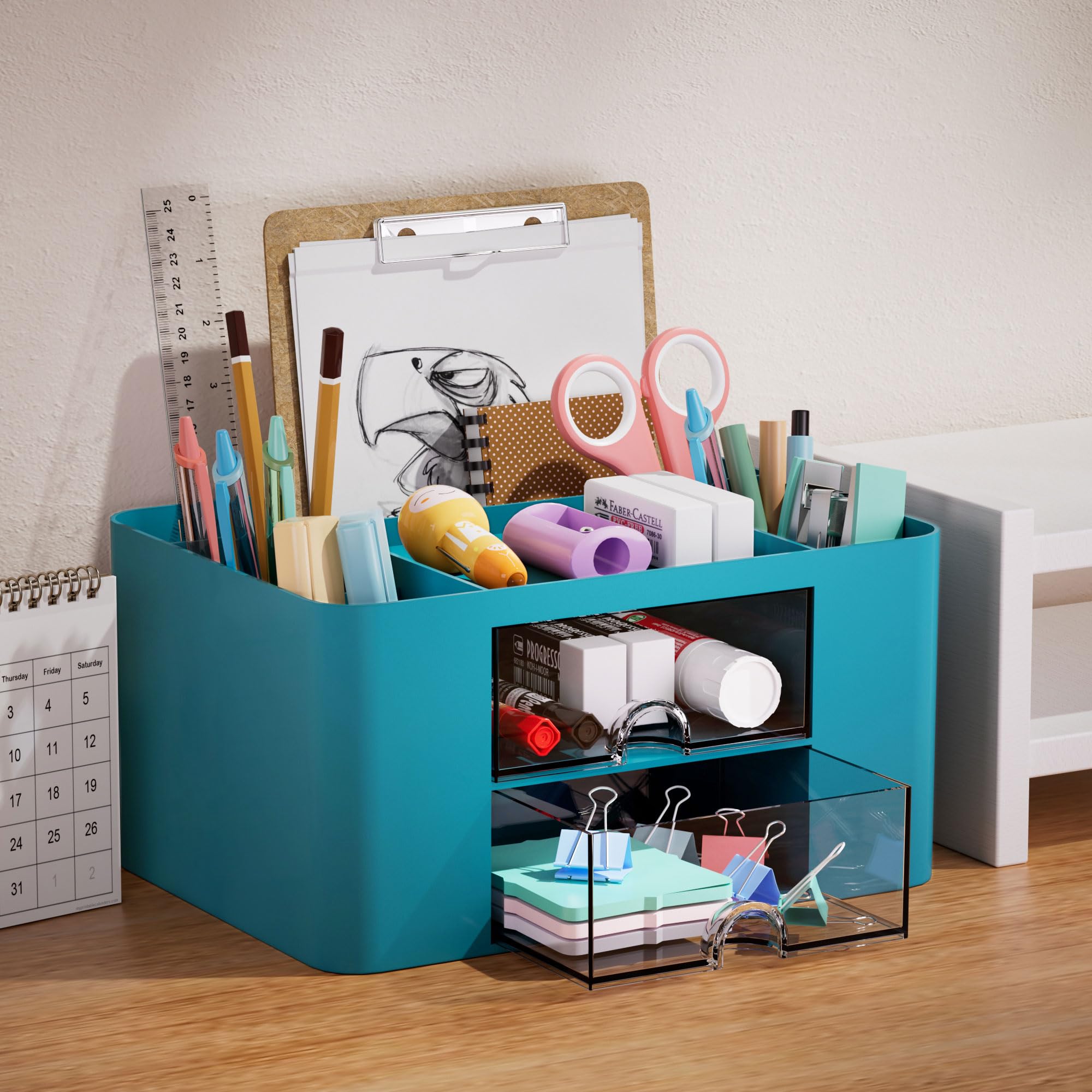 Marbrasse Pen Organizer with 2 Drawer, Multi-Functional Pencil Holder for Desk, Desk Organizers and Accessories with 5 Compartments + Drawer for Office Art Supplies (Blue) Dormly