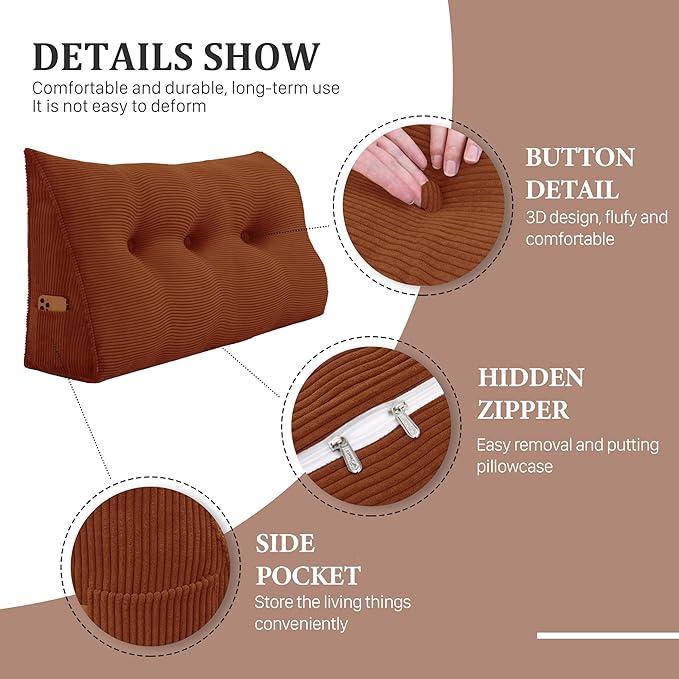 11 lbs Thickened Wedge Pillow Headboard Body Positioner Triangular Reading Pillow Bed Bolster Pillow for Sitting in Bedwith Removable Cover Gift for Mom Backrest Cordury Coffee Queen