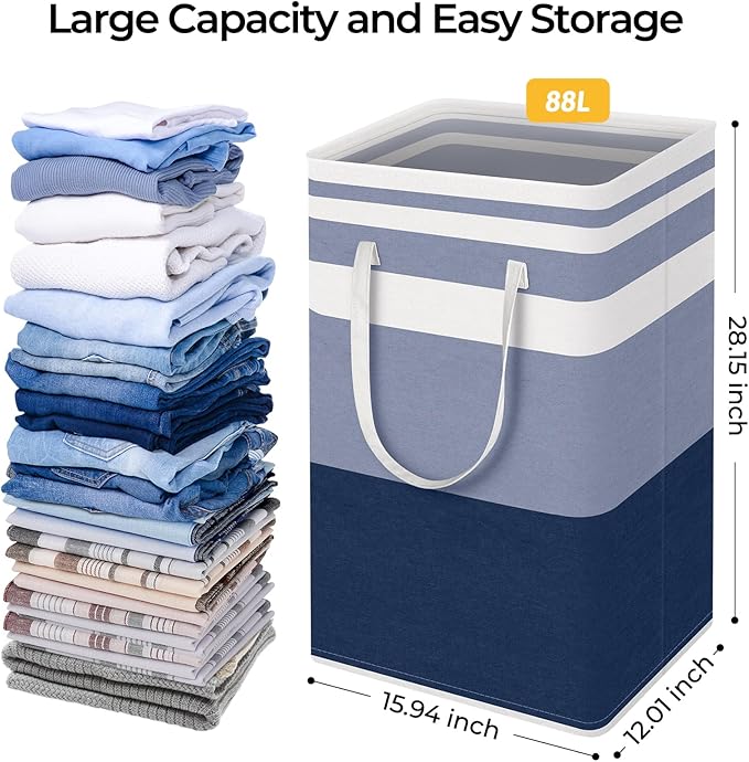 HomeHacks 2-Pack Large Laundry Basket, Waterproof, Freestanding Laundry Hamper, Collapsible Tall Clothes Hamper with Extended Handles for Clothes Toys in the Dorm and Family (Blue, 88L)