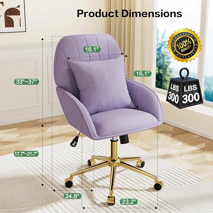 Home Office Desk Chair Comfy with Adjustable Swivel Wheels, Modern Velvet Makeup Vanity Chair with Back & Pillow, Ergonomic Office Chair Computer Task Chair for Living Room, Bedroom, Purple