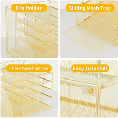 Desk Organizers and Accessories, 5-Tier Paper Letter Tray Organizer with File Holder, Desktop Organizer for Office Supplies (Gold)