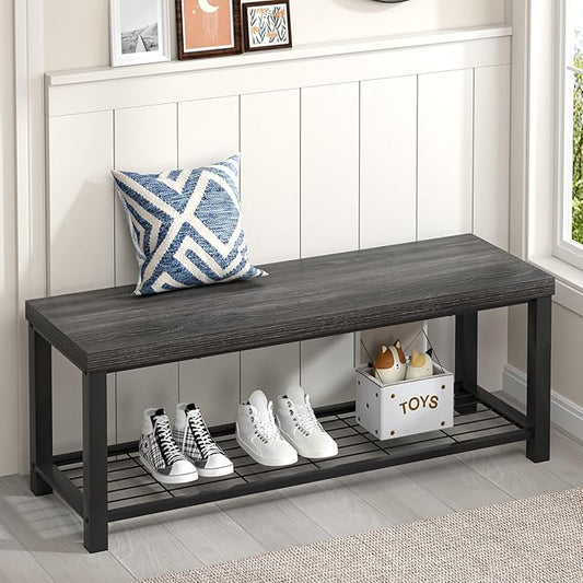 FOLUBAN Shoe Storage Bench, Modern Entryway Bench with Metal Shelf, Industrial Indoor Shoe Bench Seat for Bedroom, Hallway, Living Room, Dark Gray, 47 Inch
