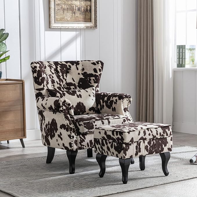 Set of 2 Mid-Century Modern Accent Chair with Ottomans, Velvet Armchair w/Tufted Back/Wood Legs, Upholstered Lounge Arm Chair Single Sofa for Living Room Bedroom, Cow Print