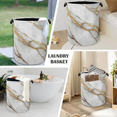 White Gold Marble Laundry Basket,Oxford Cloth Laundry Hamper with Handle Foldable Portable Clothes Storage Basket for Bathroom Bedroom Dorm Room 16