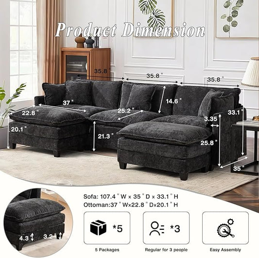 SoarFlash 113.78" Chenille Sectional Sofa, Comfy U Shaped Modular Coush Sofa with Ottoman, Modern 4 Seat Couch Deep Seat Sofa Set for Living Room,Black