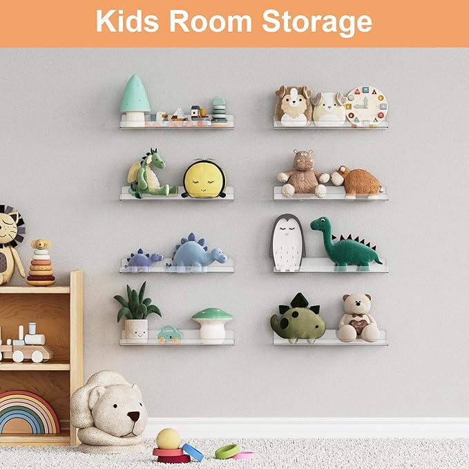 upsimples 12 Pack Acrylic Shelves Wall Organizer and Storage, 15" Display Shelf for Figure, Toy Cars, Perfume, Kids Bookshelf for Bedroom, Nursery, Craft Room, Clear