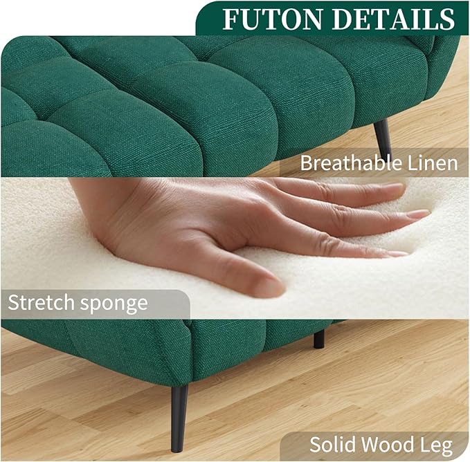 Futon Sofa Bed, Convertible 77" Modern Linen Futon Couch, Comfy Sleeper Sofa with Adjustable Backrests, Couch Bed for Small Spaces, Living Room, Bedroom, Apartment, Forest Green