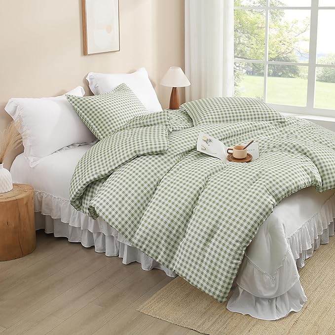 Andency Sage Gingham Comforter Set Queen(90x90Inch), Green Checkered Grid Plaid Buffalo Bed Set for Girls Boys Kids Teens, 3 Pieces Lightweight Microfiber Geometric Preppy Bedding