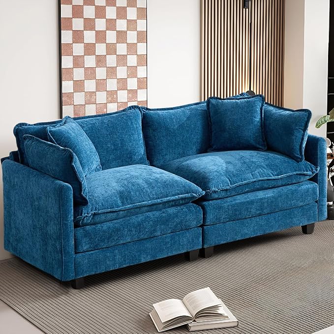 SoarFlash 77.95" Chenille Sectional Sofa, Comfy Modular Loveseat Sofa, Modern 2-Seat Couch Deep Seat Sofa Set for Living Room,Blue