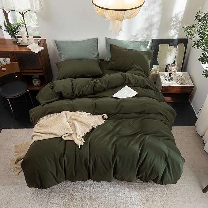 FOSSA Duvet Cover Set 100% Washed Cotton Linen Feel Super Soft Breathable Cozy 3 Pieces Bedding Sets Solid Olive Green Oversized Queen