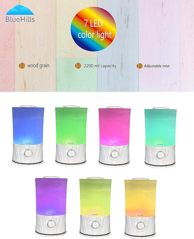 BlueHills Premium 2000 ML XL Large Essential Oil Diffuser Aromatherapy Humidifier for Large Room Home 40 Hour Run Huge Coverage Area Lights 2 Liter Extra Large Capacity Diffuser White Wood Grain E004