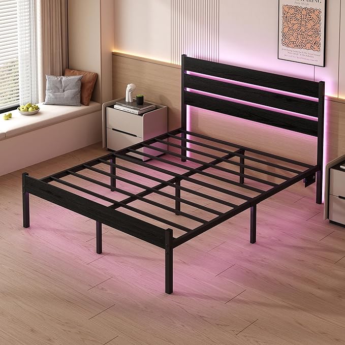 Full Size Bed Frame with Headboard,Heavy Duty LED Bed Frame with USB Charging Station,Mattress Foundation-Under Bed Storage, No Box Spring Needed, Noise Free，Black