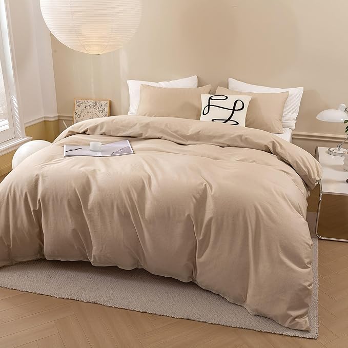 ECOCOTT Khaki Duvet Cover Queen Size - 100% Washed Cotton Durable Soft Comfy Duvet Cover Set, Lightweight and Breathable with Zipper Closure & Corner Ties (Khaki, 90''x90'')
