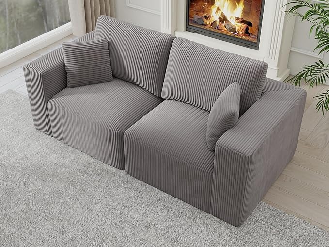 Modular Loveseat Couch Cloud Couches for Living Room - 79" Boneless Sofa - No Assembly Required, Cozy Corduroy Convertible Full Sponge Compression Sofas for House, Apartment(Grey)