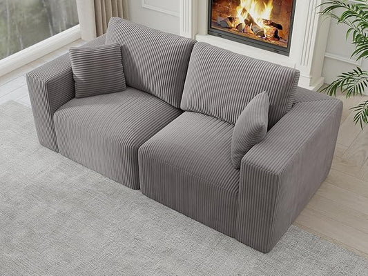 Modular Loveseat Couch Cloud Couches for Living Room - 79" Boneless Sofa - No Assembly Required, Cozy Corduroy Convertible Full Sponge Compression Sofas for House, Apartment(Grey)