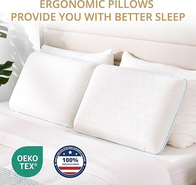 EGOHOME Bed Pillow Standard Size - Memory Foam Made in USA - for Side, Back and Stomach Sleepers, Neck Support with Washable & Removable Cover, Medium Soft, 1 Pack