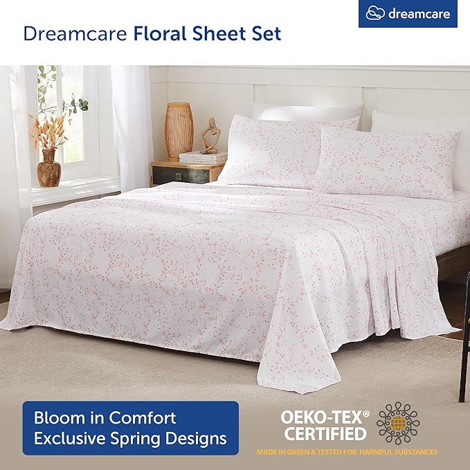 DREAMCARE Queen Size Sheets - Cooling Bed Sheets - 4pcs Set - Queen Sheet Set - Sheets Queen Size Bed - Queen Size Sheet Sets - Soft & Long Lasting 100% Fine Brushed Floral Sheets - Floral Blue