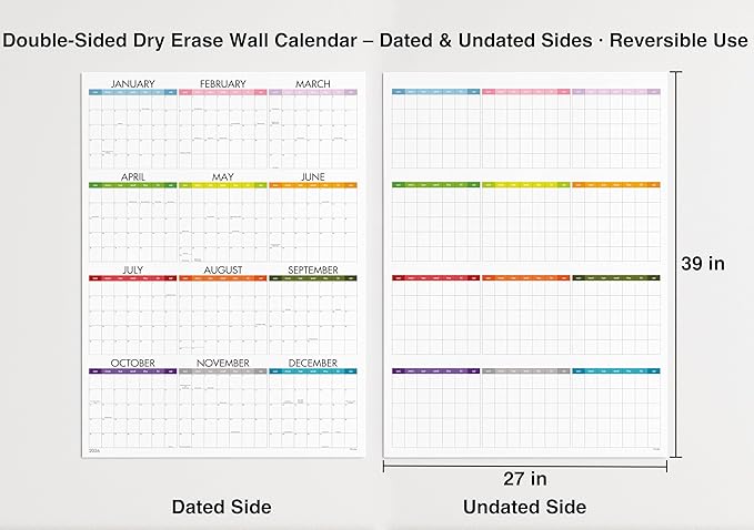 Dry Erase Wall Calendar 2026, 27×39 in — Double-Sided Yearly Planner (Dated & Undated), Reusable Write & Wipe, Large Wall Planner for Home, Office, Classroom — Rolled Poster.