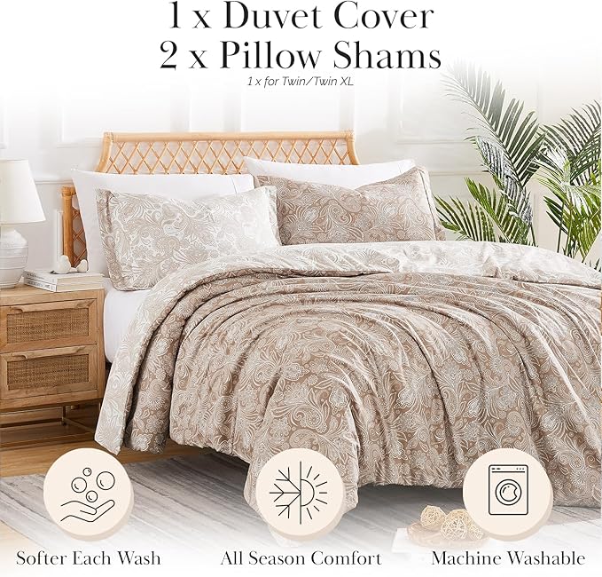 Southshore Fine Living, Inc. Reversible Boho Paisley Duvet Cover Set, Twin/XL – Premium Microfiber Bedding, Easy Care – Includes 1 Twin Duvet Cover and 1 Sham, Machine Washable, Paisley Taupe