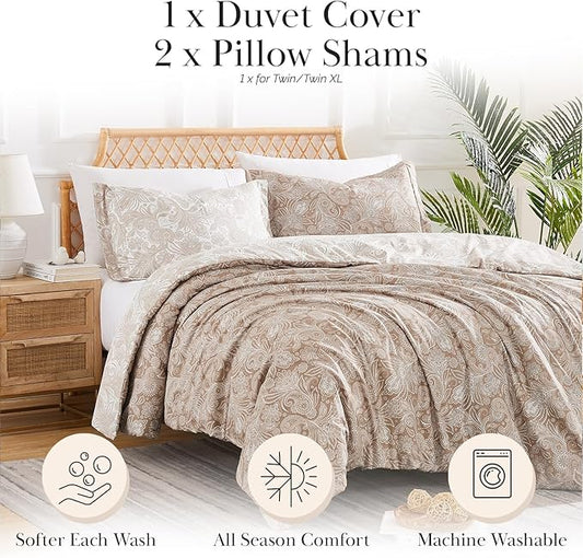 Southshore Fine Living, Inc. Reversible Boho Paisley Duvet Cover Set, Twin/XL – Premium Microfiber Bedding, Easy Care – Includes 1 Twin Duvet Cover and 1 Sham, Machine Washable, Paisley Taupe