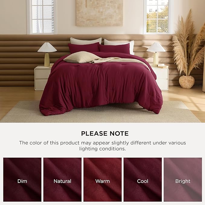 Bedsure Full Size Comforter Set, Dark Red Soft Prewashed Bedding for All Seasons, 3 Pieces GentleSoft™ Warm Down Alternative Bed Set, 1 Lightweight Comforter (82"x86") and 2 Pillowcases (20"x26")