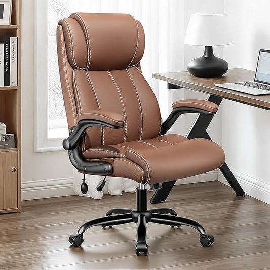 Ergonomic Office Chair - Home Desk Computer Chair, Leather High Back Executive Chairs with Adjustable Lumbar Support & Flip-up Arms, Rocking Swivel Comfy, Brown