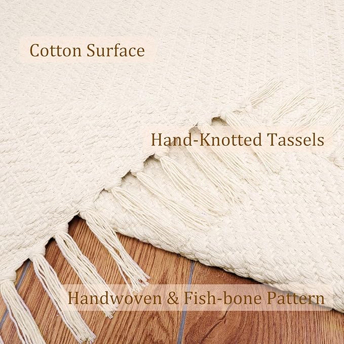 Lahome Boho Rugs for Entryways, 3x5 Kitchen Rug Lightweight Bedroom Rugs Washable Bath Mat with Tassels, Farmhouse Cotton Beige Living Room Low Pile Throw Rug for Laundry Office Decor