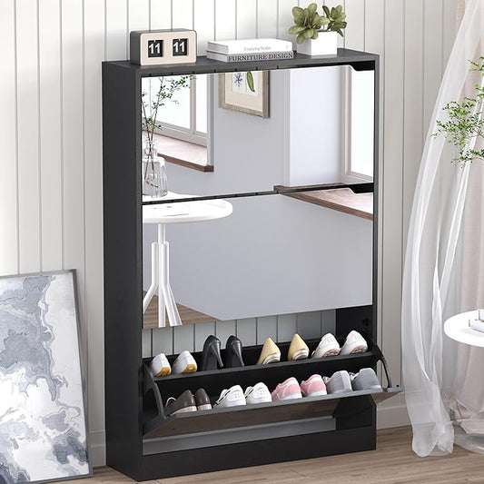 Shoe Cabinet with 3-Flip Mirror Drawers, Freestanding Shoe Rack Organizer with Hidden Handle, Slim Narrow Shoe Storage Cabinet for Entryway, Entrance, Hallway, Bedroom