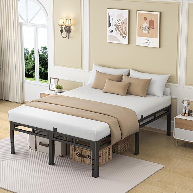 NKZ 18 Inch Queen Size Bed Frame, Metal Bed Frame & Box Spring 2 in 1 Platform with Round Corner Legs, 4000Lbs Heavy Duty Metal Frame, Mattress Slide Stopper, Headboard Hole, Noise-Free, Easy Assembly