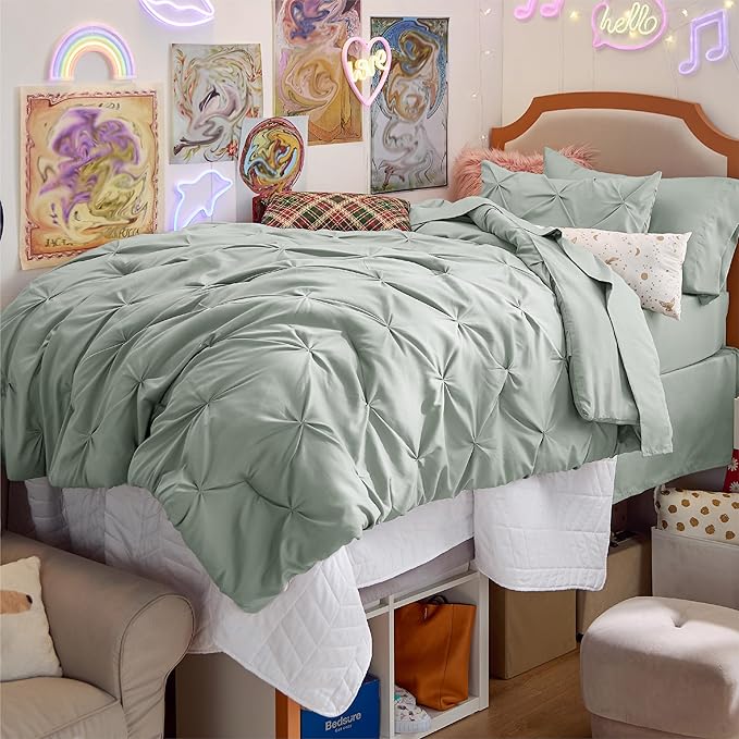 Bedsure Twin Comforter Set Sage Green - Bed in a Bag Twin Size Bedding 5 Pieces, GentleSoft™ Pintuck Bed Set Gift for Family, Pinch Pleat Sage Green Comforter with Sheets, Pillowcase & Sham