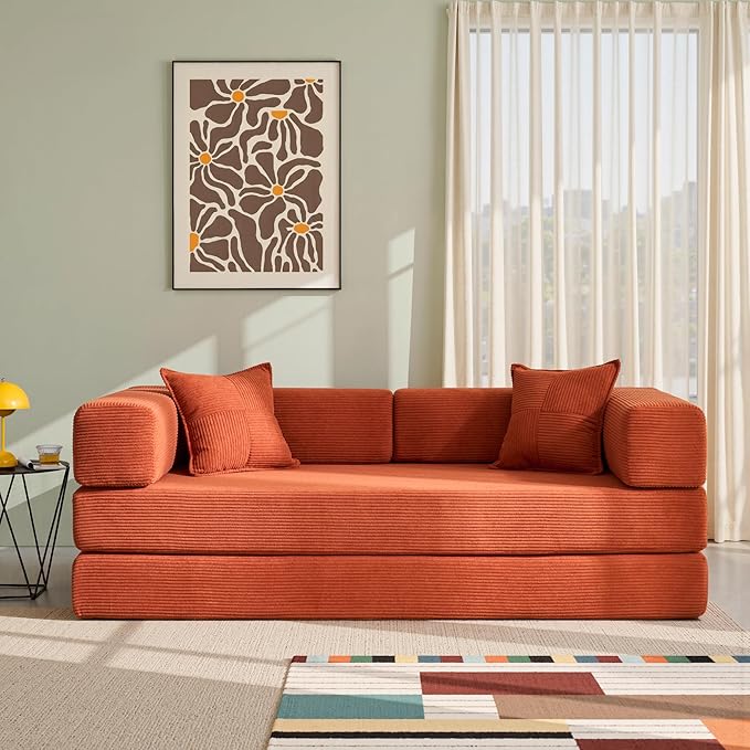 YINIX Foldable Sofa Bed, 78'' Folding Floor Couch, Compressed Convertable Sleeper Sofa, Memory Foam Couch with Pillow Back Support Armrest, 4-in-1 Futon Sofa Bed for Living Room, Orange
