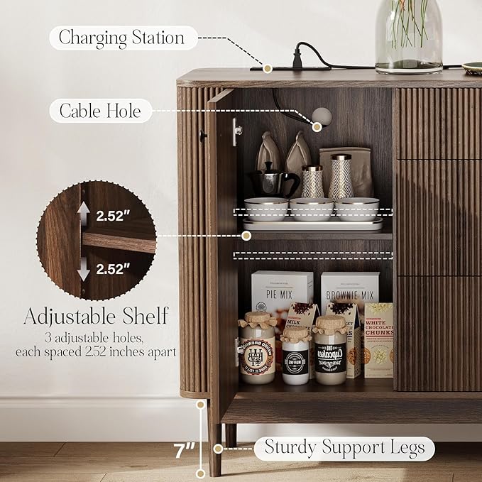 59" Sideboard Buffet Cabinet with Storage, Modern Fluted Accent Credenza with Charging Station, Wood Mid Century Buffet Table Coffee Bar Console Table with 3 Drawers & 2 Doors for Kitchen, Entryway