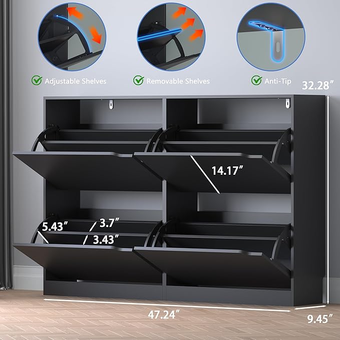 Shoe Cabinet with 4 Flip Drawers, Narrow Hidden Shoe Storage Cabinet, Slim Freestanding Shoe Rack Organizer for Entryway, Hallway, Bedroom, Living Room