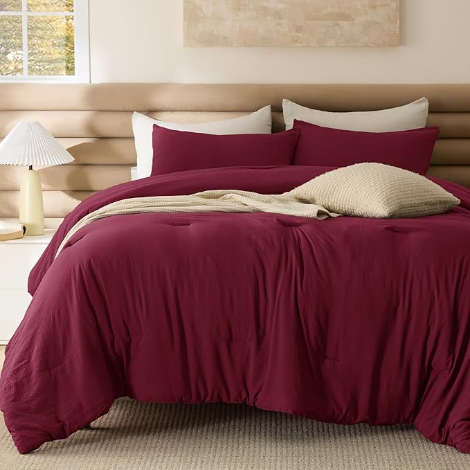 Bedsure Full Size Comforter Set, Dark Red Soft Prewashed Bedding for All Seasons, 3 Pieces GentleSoft™ Warm Down Alternative Bed Set, 1 Lightweight Comforter (82"x86") and 2 Pillowcases (20"x26")